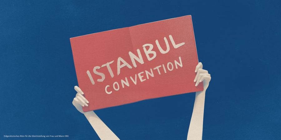 Das Bild zeigt ein Plakat, das von zwei Händern gehalten wird und auf dem "Istanbul Convention" zu lesen ist.